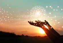 Photo of two hands holding up a ball with network lights with a sunset in the background