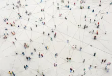 Crowd of people connected by lines